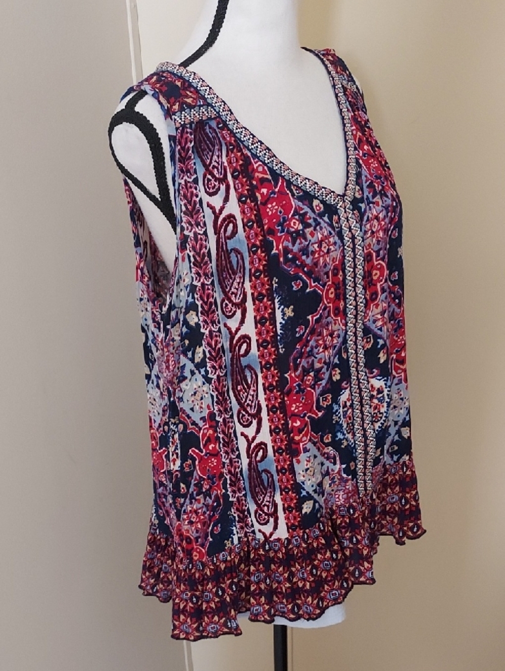 Bila Red and Navy Printed Rayon Top - Picture 3 of 8
